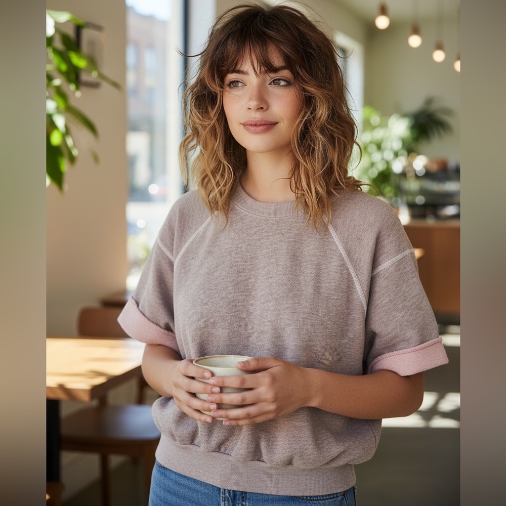 NSF Raglan Heathered Lilac Cut-Off Short Sleeve French Terry Cotton Sweatshirt